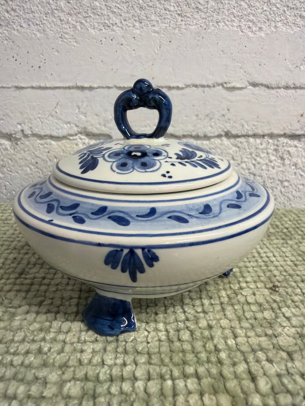 Vintage Delft Holland Blue White Hand Painted Covered Dish Trinket Jar sugar